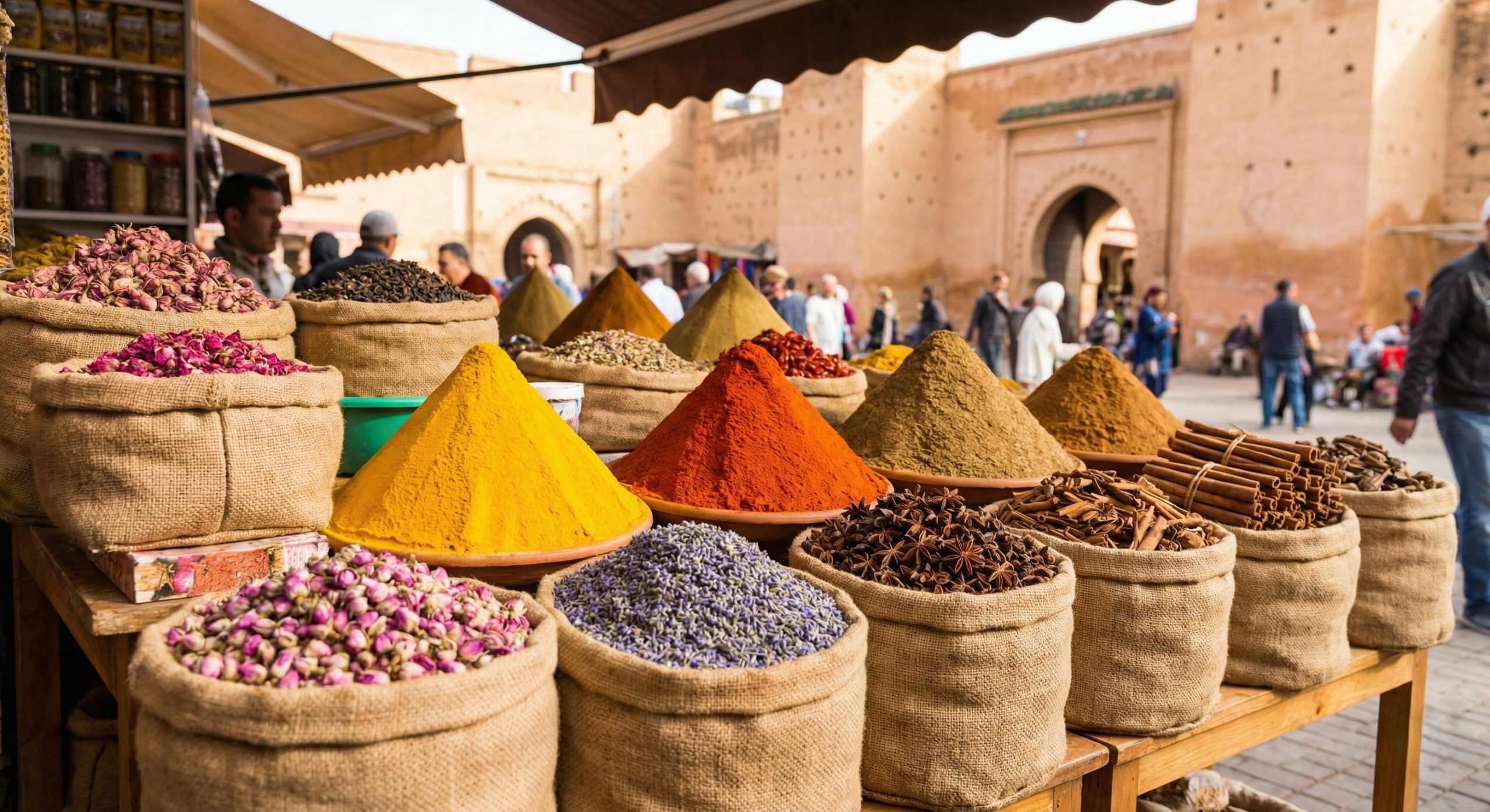 Large, colorful conical piles of various ground spices and baskets filled with dried flowers and herbs displayed at a busy market stall in the Rahba Kedima Spice Square in Marrakech.