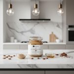 Amlou with almonds 1kg jar on marble counter with argan oil, showing creamy nut butter texture and ingredients