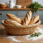 Handwoven straw kitchenware 14" oval bread basket with French baguettes, natural honey-beige finish