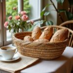 Straw kitchenware 14" oval basket with artisan bread loaves, natural woven texture and integrated handles