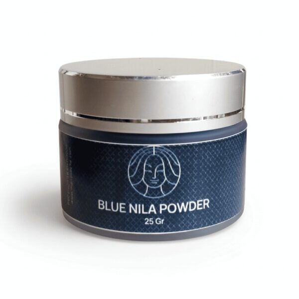Blue nila powder jar 25g with silver lid and navy textured label featuring elegant logo design