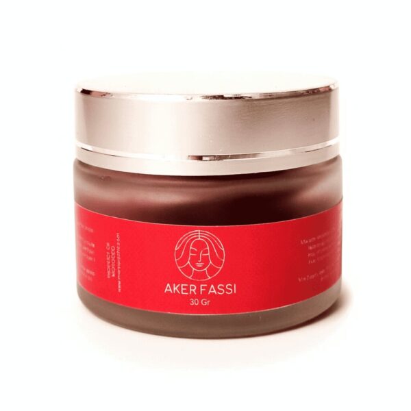 Moroccan aker fassi powder in 30g glass jar with rose gold lid and red label, natural vegan cosmetic