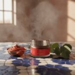 Aker fassi powder jar on mosaic tiles with cream sample in bowl, traditional Moroccan natural makeup
