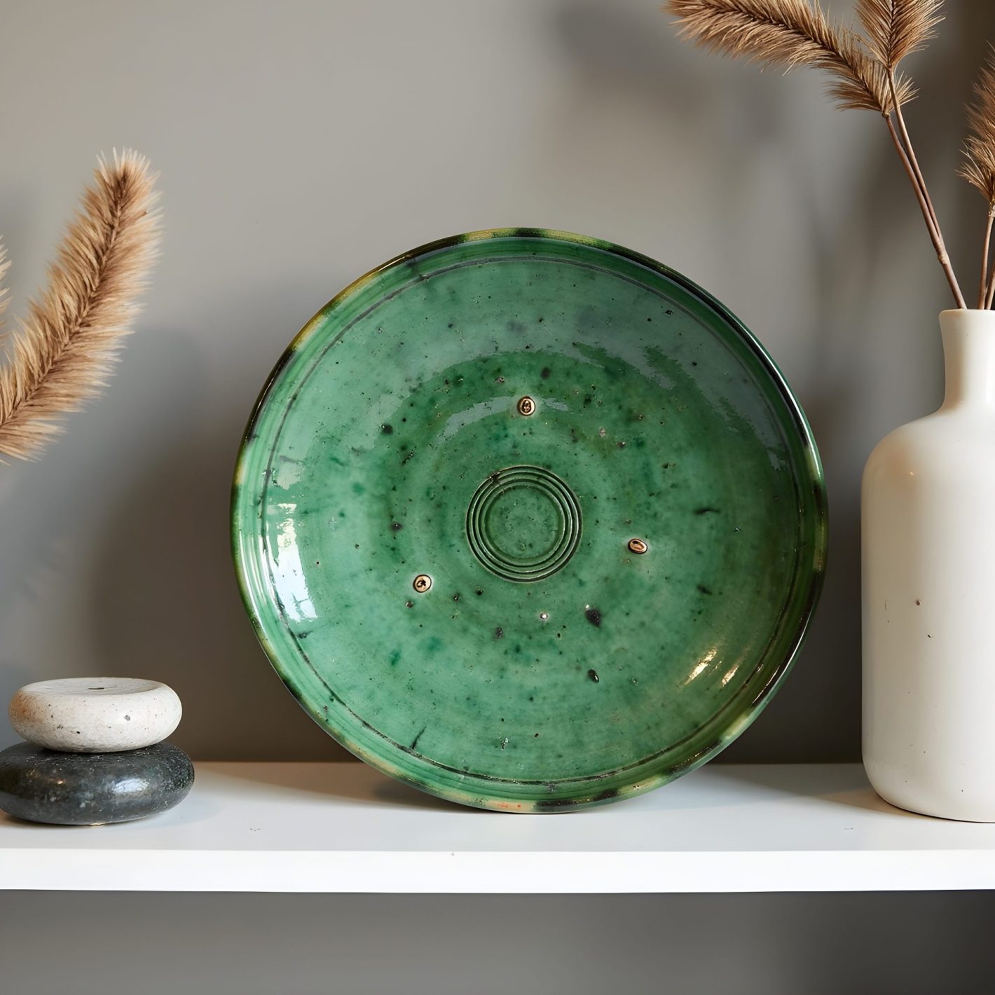 Handcrafted Moroccan Tamegroute Pottery Plate Green Tamegroute pottery plates displayed on shelf with dried florals and ceramic vase in modern home decor setting