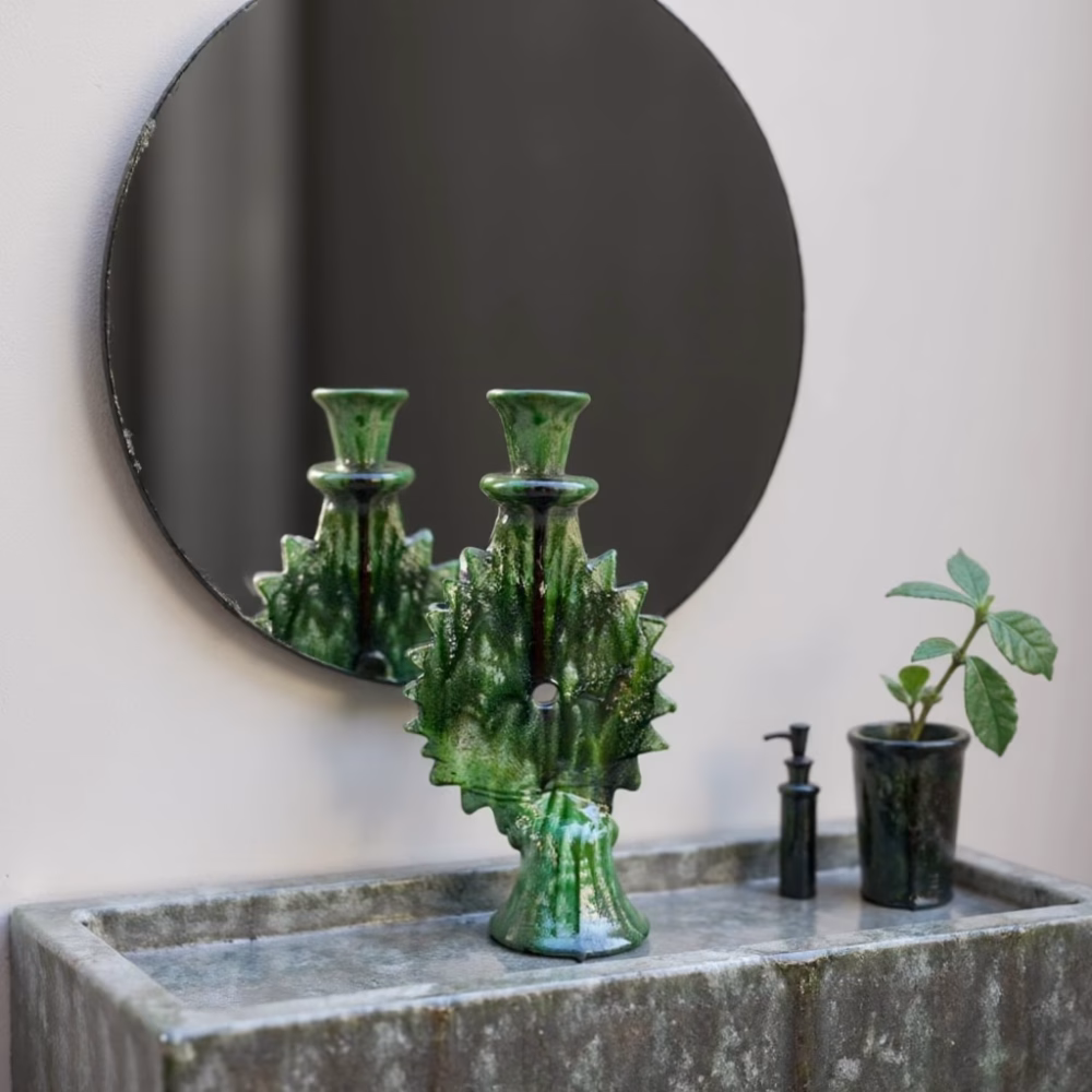 Handmade Moroccan Round Green Tamegroute Candlestick