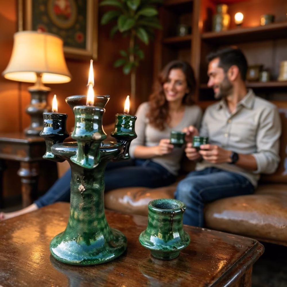 Moroccan Green Tamegroute Ceramic Candlestick Holders
