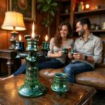 Lit ceramic candlestick holder creating cozy ambiance, green triple arm candelabra with glowing candles