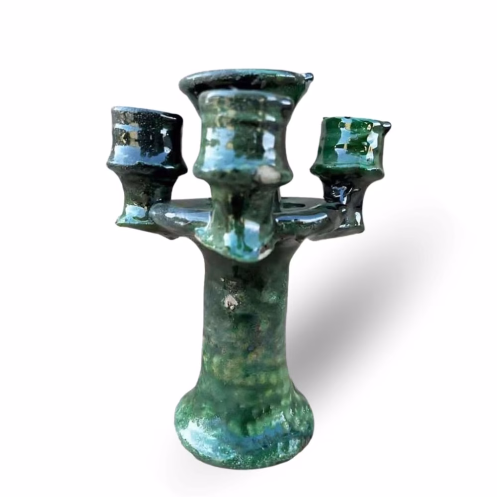 Moroccan Green Tamegroute Ceramic Candlestick Holders