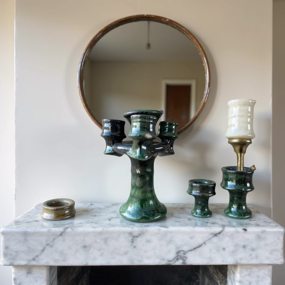 Moroccan Green Tamegroute Ceramic Candlestick Holders