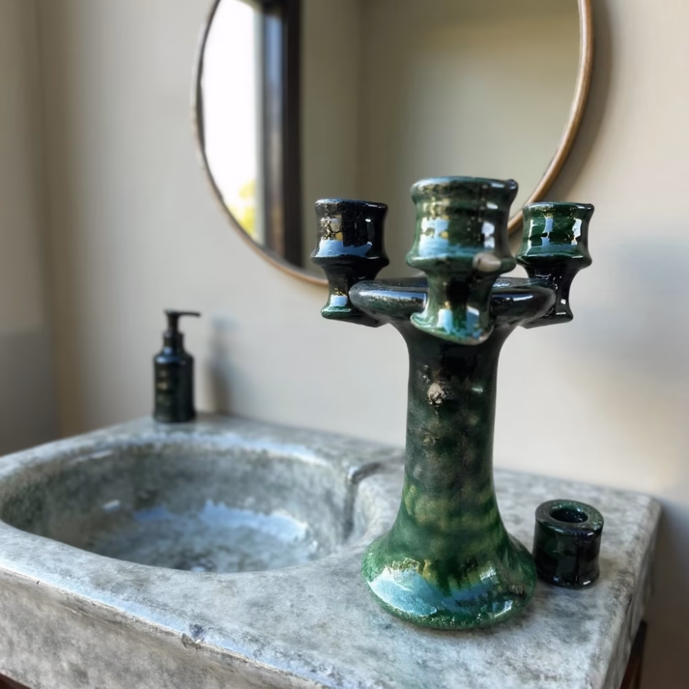 Moroccan Green Tamegroute Ceramic Candlestick Holders