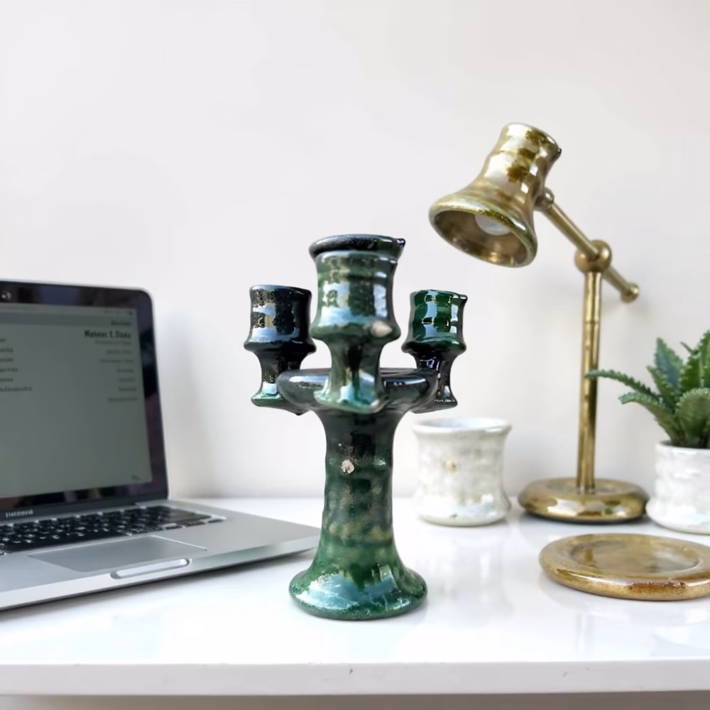 Moroccan Green Tamegroute Ceramic Candlestick Holders