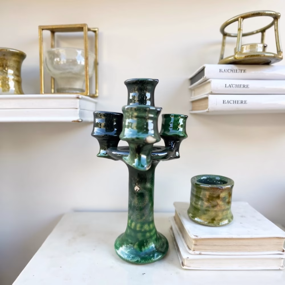 Moroccan Green Tamegroute Ceramic Candlestick Holders
