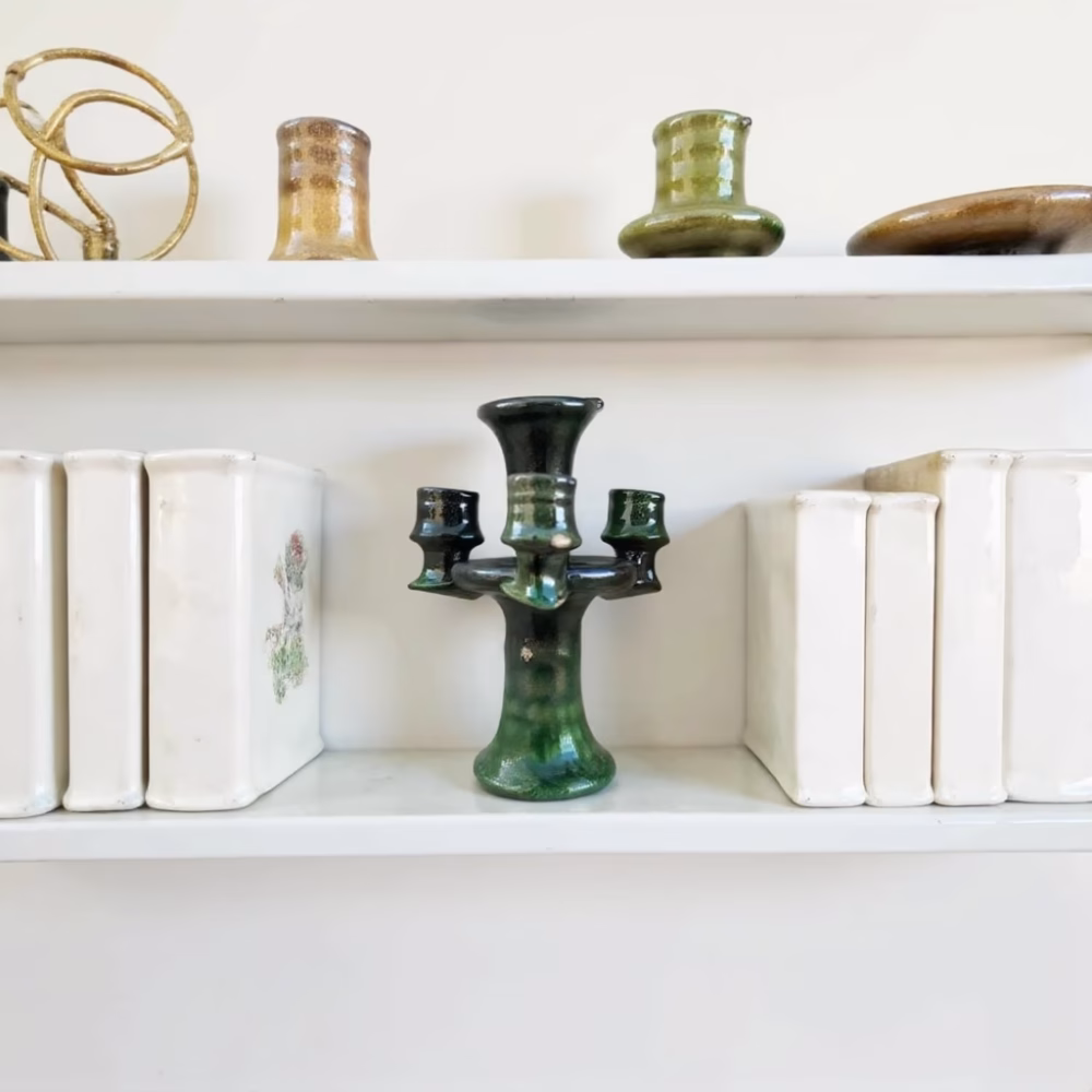 Moroccan Green Tamegroute Ceramic Candlestick Holders