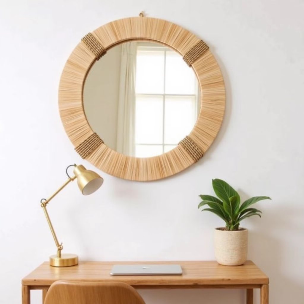 Moroccan Straw Hanging Wall Mirror (4) Round natural straw mirror with tight woven frame above wooden desk with brass lamp and plant in bohemian office
