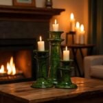 Three green glazed ceramic clay candle holders with lit candles near fireplace for home decor