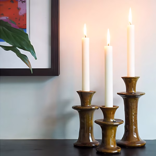 Tamegroute Pottery Brown Candlestick Holders Set