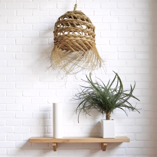 Handmade bohemian straw bohemian light shade against white wall