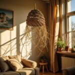 Handwoven straw pendant light with fringe in sunlit bohemian living room corner