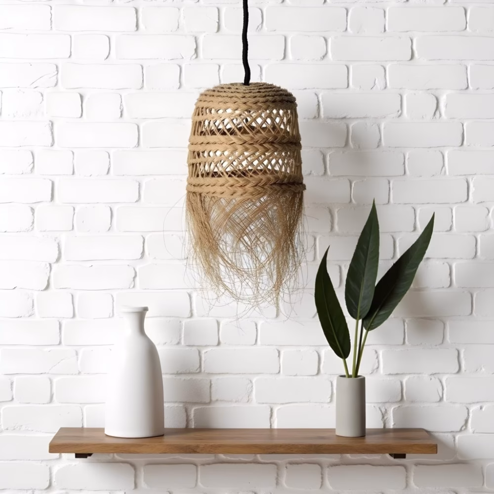 Handmade straw hanging light against white brick wall with wooden shelf