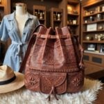 Hand-tooled brown leather backpack flat-laid on white fur rug with surrounding clothing and personal accessories