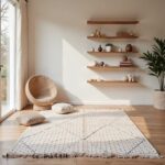 Boho Moroccan rug 6.5x10 ft with diamond motifs in modern living room with wooden shelves and natural light