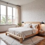 Cream boho Moroccan rug featuring colorful speckled dots and diamond stitching in Scandinavian-style bedroom