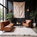 Boho Moroccan rug with geometric pattern displayed as wall tapestry art in industrial living space
