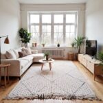 White boho Moroccan rug with multicolor dots and diamond design in bright Scandinavian living room