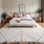 Large boho Moroccan rug with dotted pattern and geometric lines anchoring minimalist bedroom with platform bed