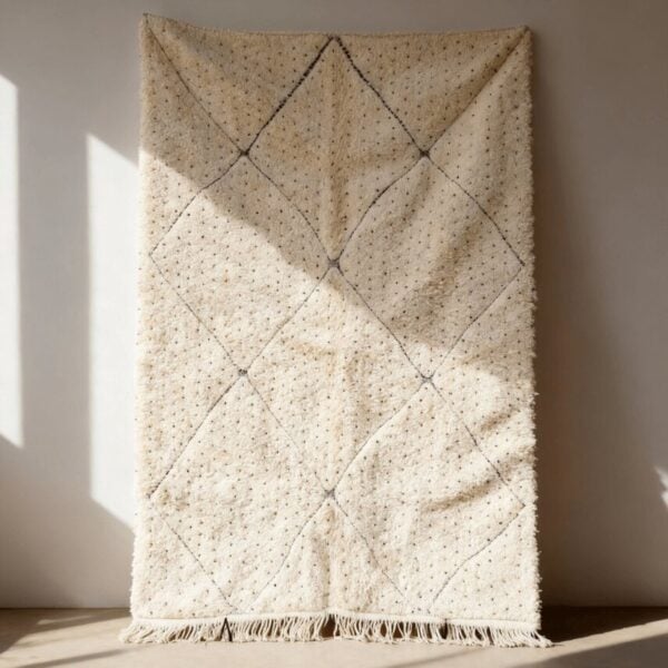 Handwoven boho Moroccan rug in cream with geometric diamond pattern and colorful dots, featuring fringe detail