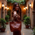 Woman carrying minimalist brown leather shoulder bag in Moroccan courtyard