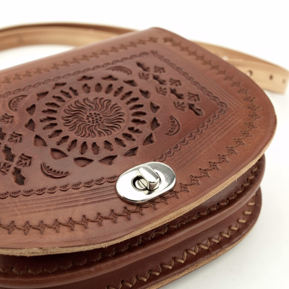 Close-up of Small leather crossbody bag showing embossed sun pattern and silver clasp detail.