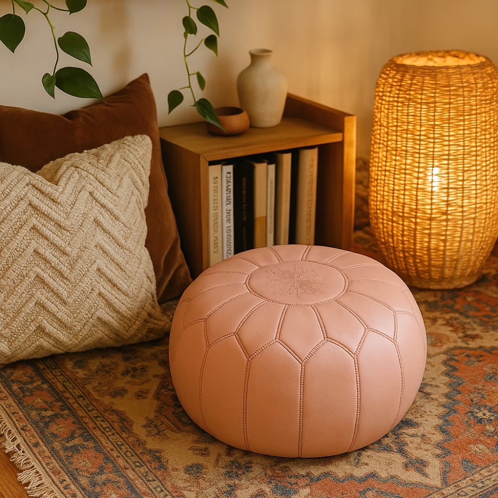 Cozy boho reading nook featuring a pink pouf on a vintage rug, with a woven floor lamp, throw pillows, and hanging greenery.