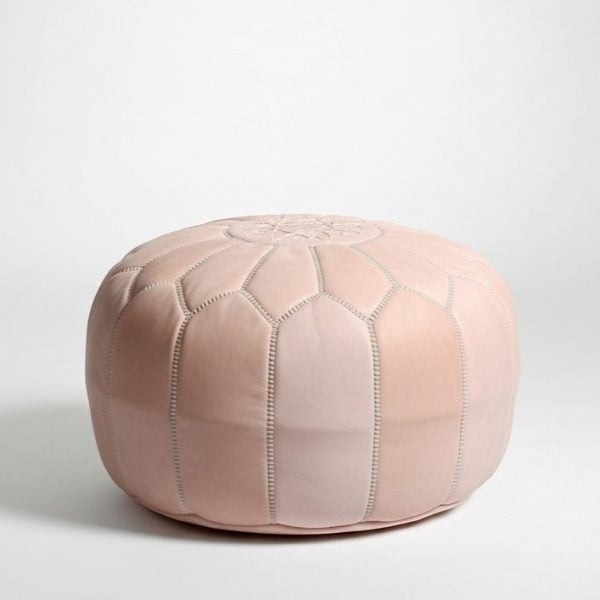 Undyed natural leather floor ottoman 21 inch with geometric star embroidery and cream stitching on white background