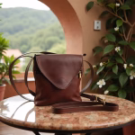 Brown leather crossbody purse displayed in Mediterranean courtyard