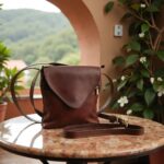 Brown leather crossbody purse with adjustable shoulder strap on marble table with arch backdrop