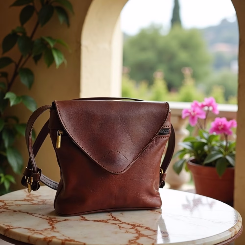Leather crossbody purse in outdoor Mediterranean setting