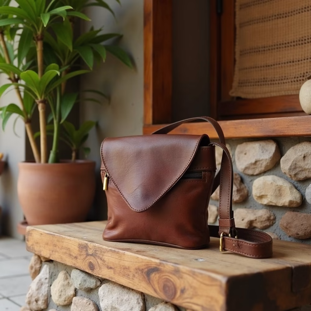 Brown leather crossbody purse styled on rustic bench