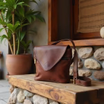 Brown leather crossbody purse styled on rustic bench