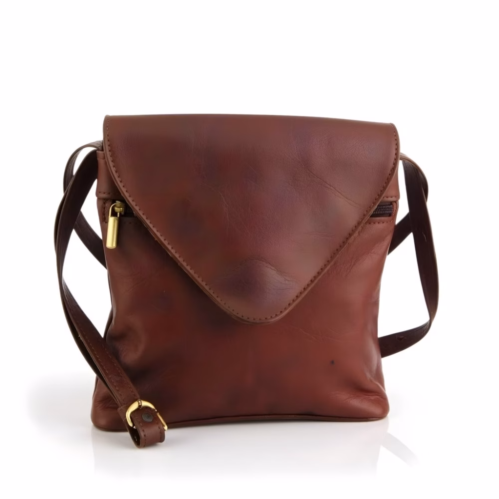 Front view of brown leather crossbody purse showing clean design