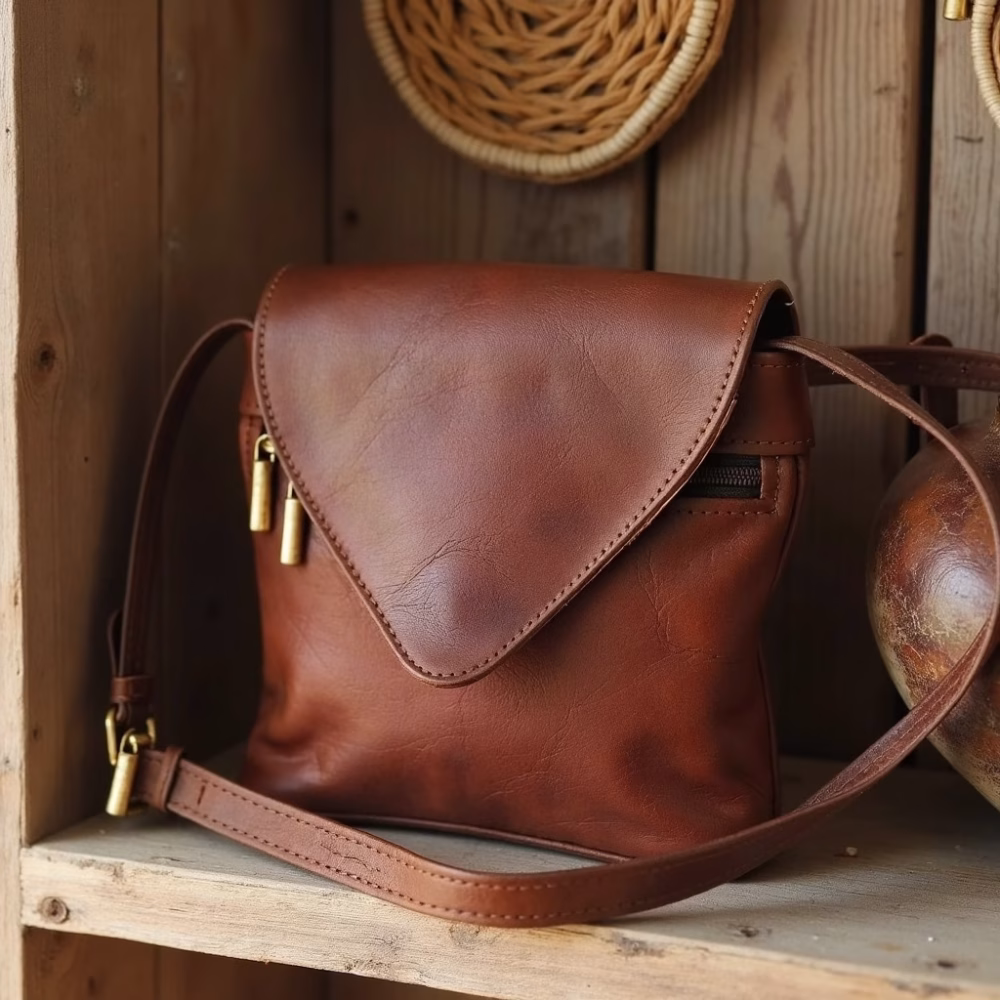 Handcrafted leather crossbody purse with rustic decor
