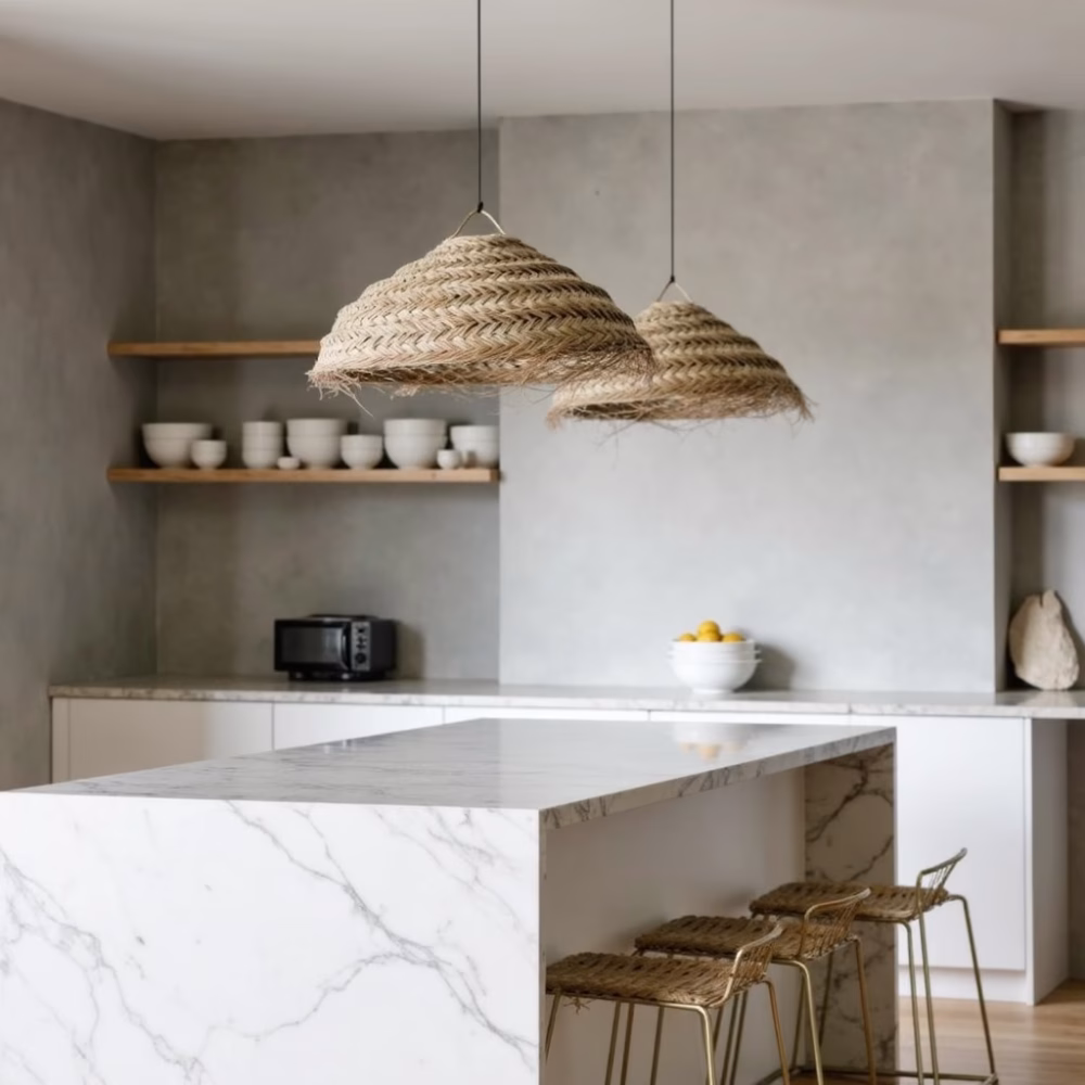 Modern kitchen with boho lampshades above island