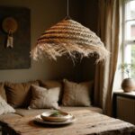 Handwoven straw lighting with rustic frayed edges creating ambient warmth above wooden dining table
