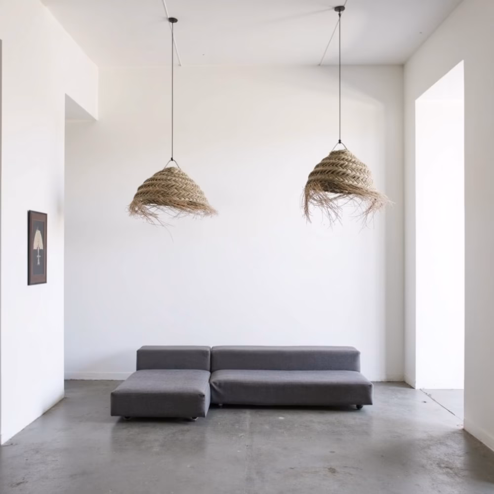 Living area with multiple boho lampshades