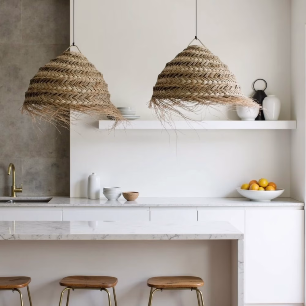 Kitchen island with dual boho lampshades