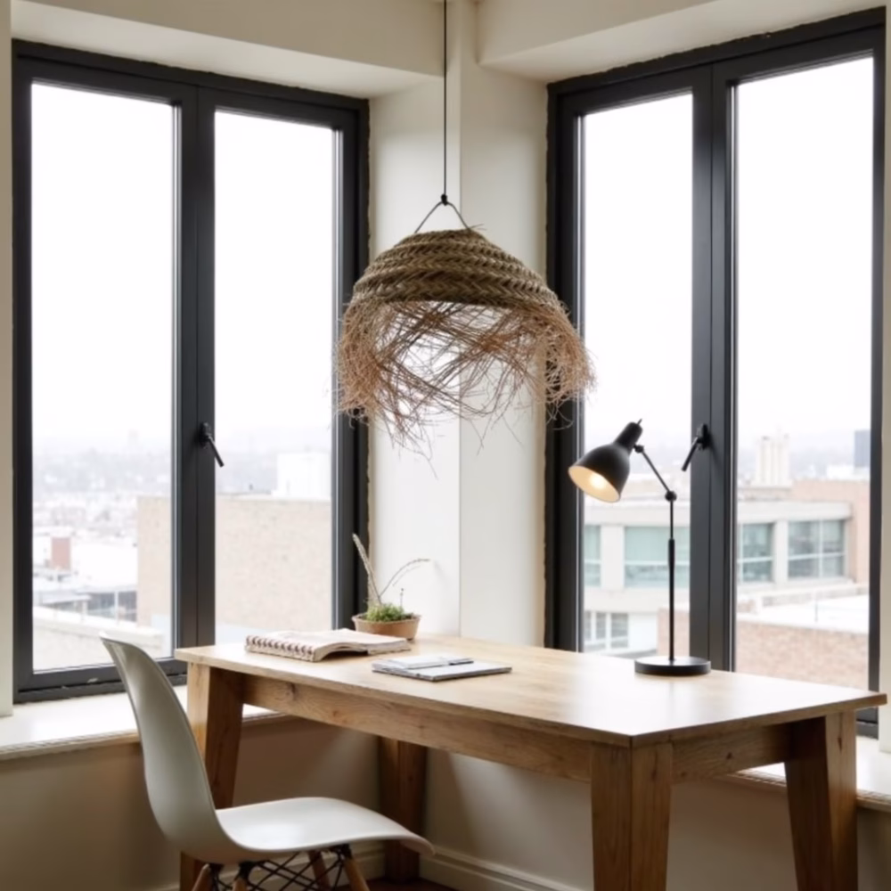 Dining space featuring woven boho lampshade