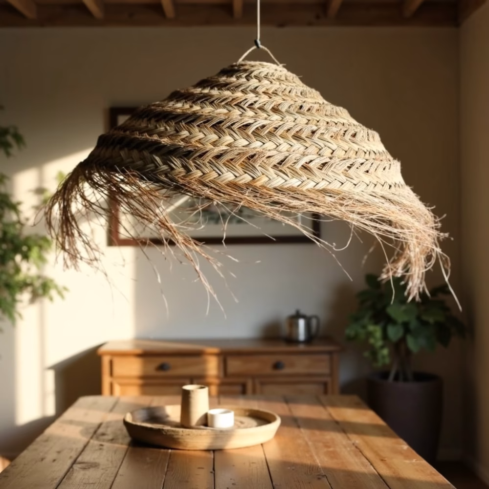 Natural palm boho lampshade over wooden dining table