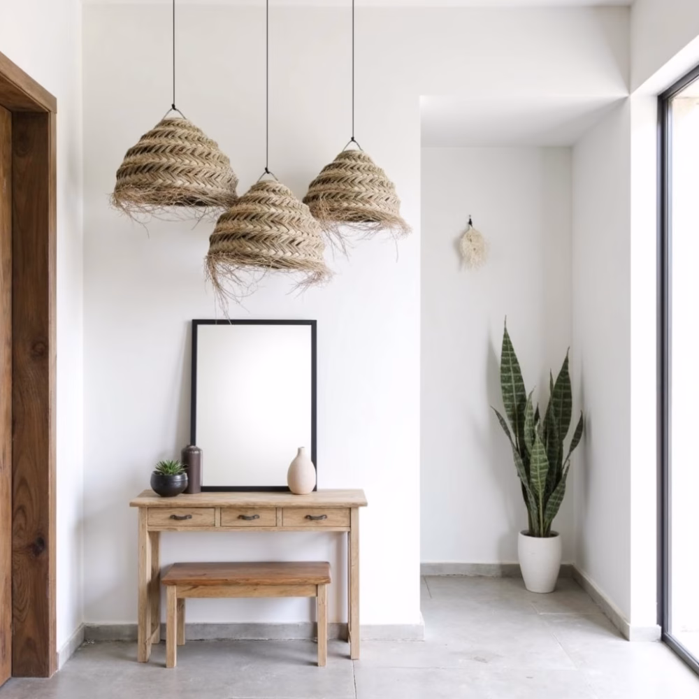 Trio of straw chandeliers creating visual interest in bright white room