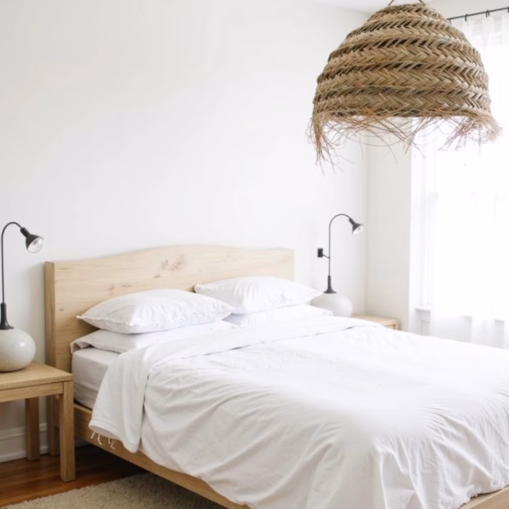 Large woven straw pendant lamp over white bedding in natural bedroom design