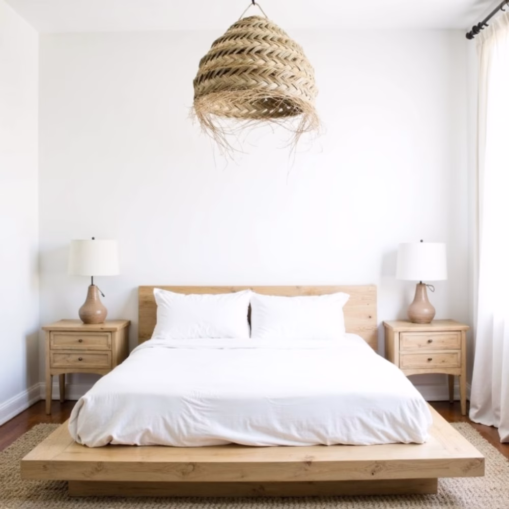 Straw chandelier providing warm light above neutral bedroom with wooden accents